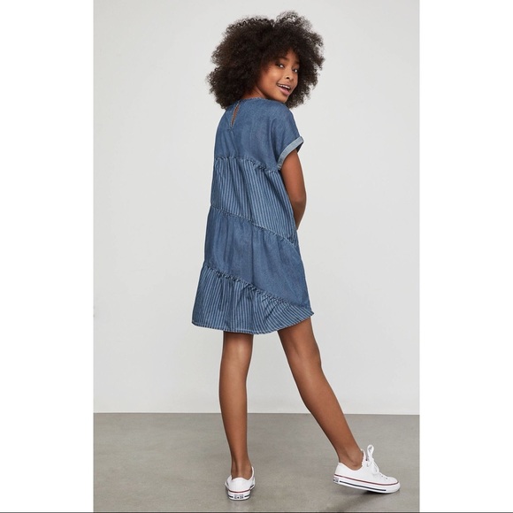 BCBG Girls Chambray Denim Mixed Pattern Dress 12 - Picture 3 of 7